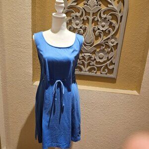 Lands End Women's Sleeveless Blue Nautical Dress W Adjustable Waist Tie - Size L
